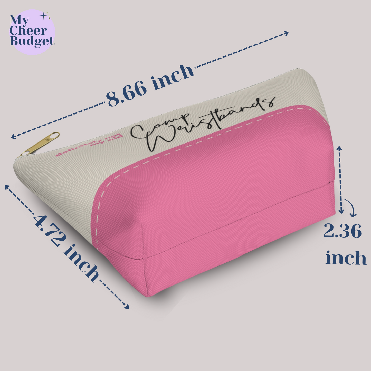 Small zippered pouch bag for cheer moms, cream color printed with "definitely not my old comp wristbands" in pink and black accents