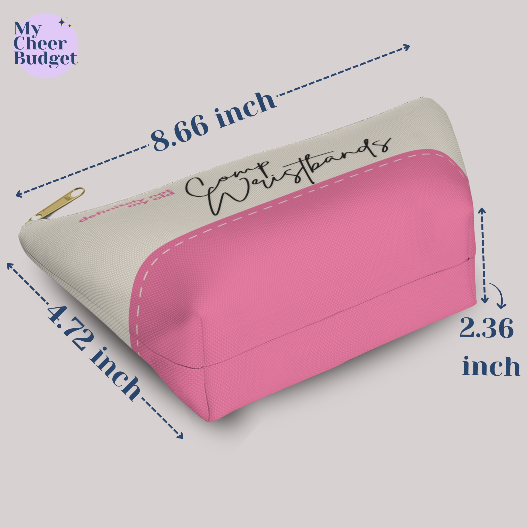 Small zippered pouch bag for cheer moms, cream color printed with "definitely not my old comp wristbands" in pink and black accents