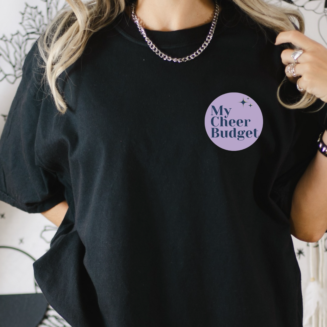 my cheer budget logo t-shirt that reads "ask me about my cheer budget" on the back