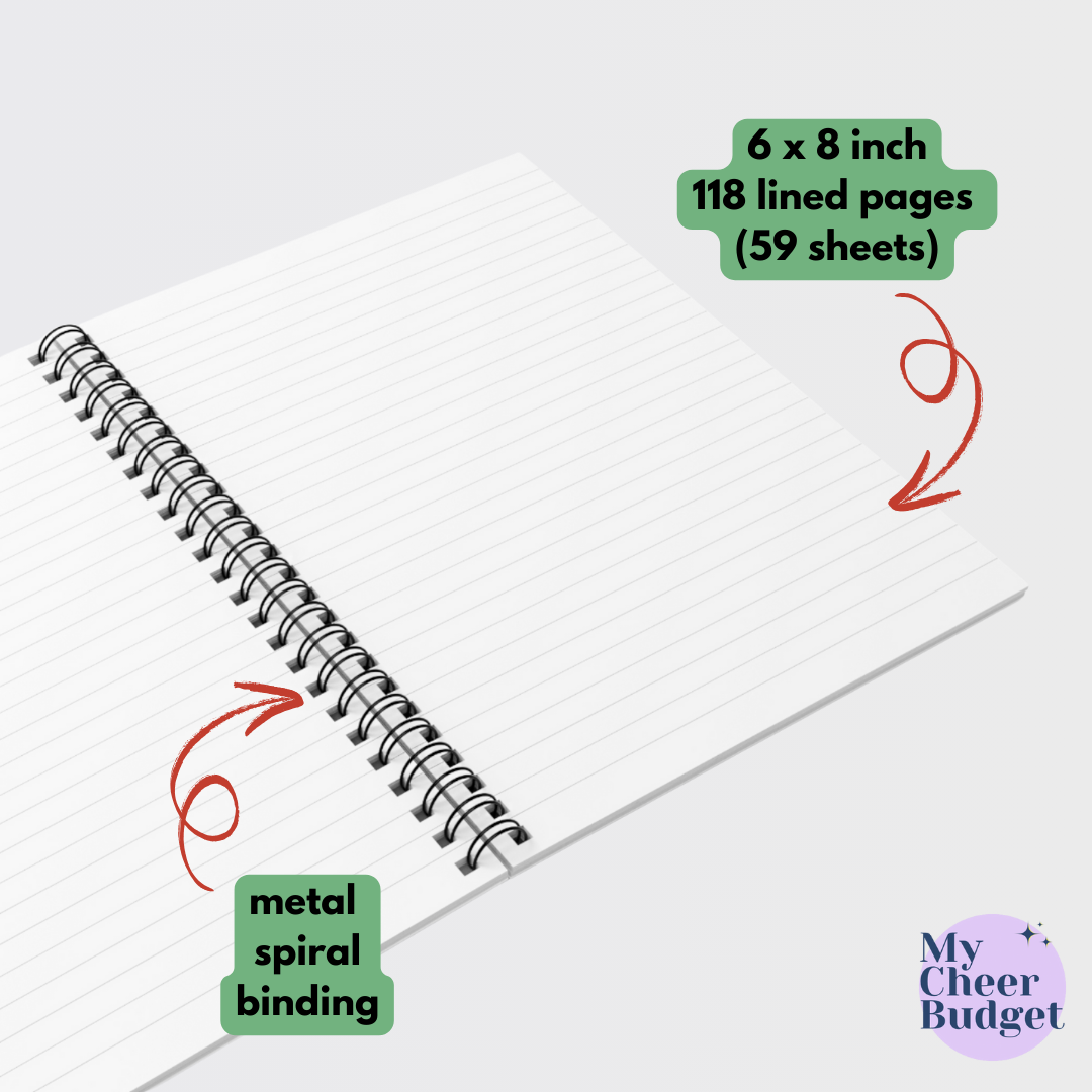 Celebrate your love for cheer, music, and the spirit of competition with this stylish 6x8 inch spiral-bound notebook. Featuring 59 pages of lined paper, itβs the perfect blend of practicality and personality for every competitive cheer mom, show-stopping fangirl, or music era enthusiast. ππ