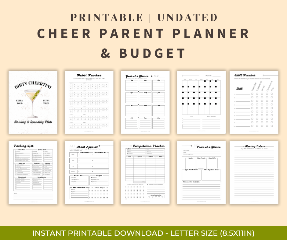 Printable undated planner for cheer moms with dirty martini theme