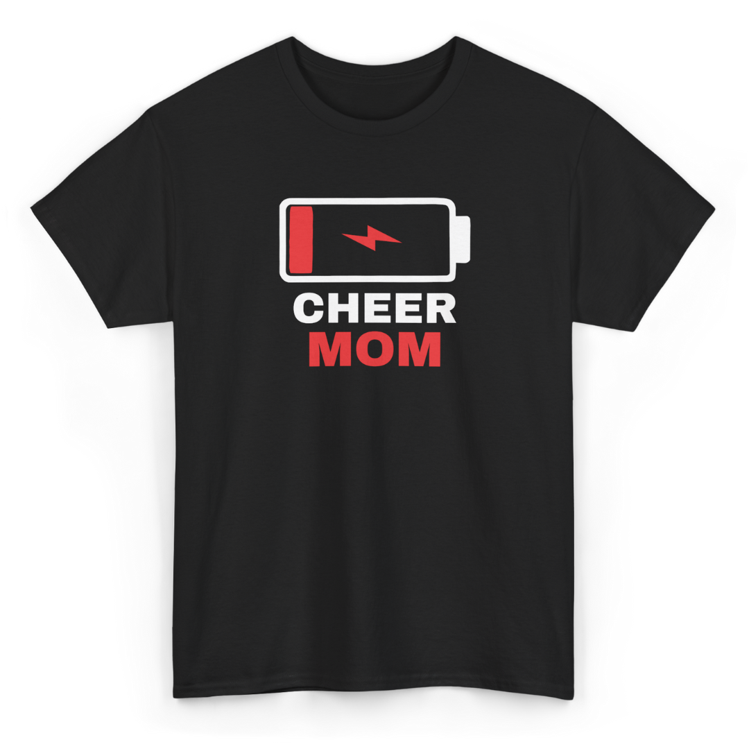 Black t-shirt with 'CHEER MOM' graphic design on a white background