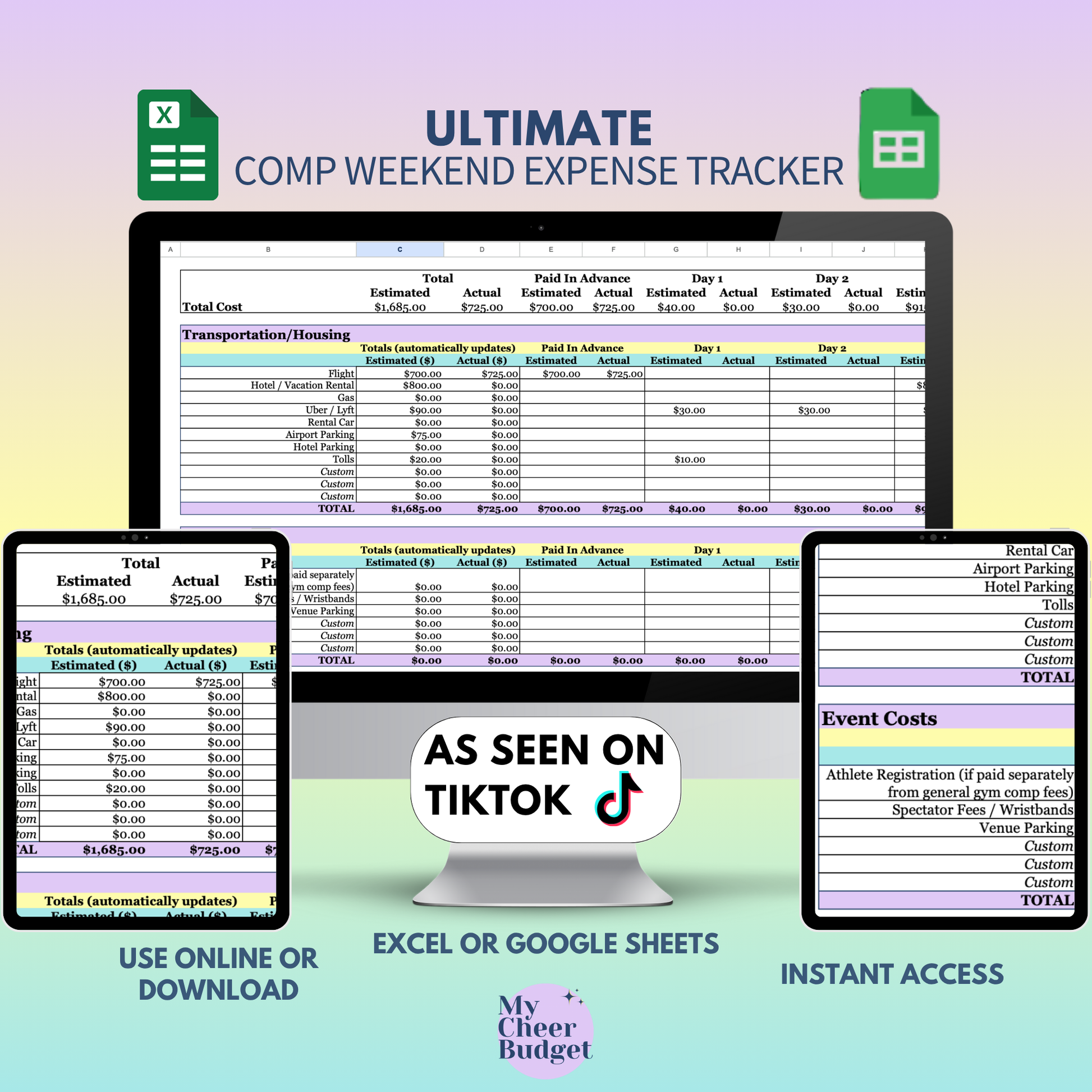 Google Sheets budget template for planning one cheer competition weekend, showing sections for travel, hotel, food, and event fees on a laptop screen