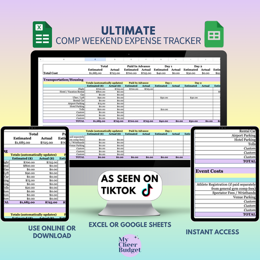 Google Sheets budget template for planning one cheer competition weekend, showing sections for travel, hotel, food, and event fees on a laptop screen