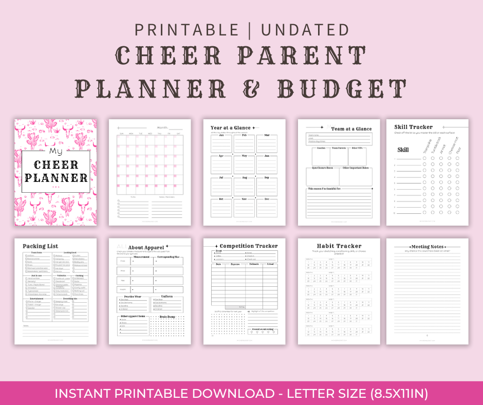 8.5 x 11 inch printable undated planner for cheer moms with cowgirl theme digital download