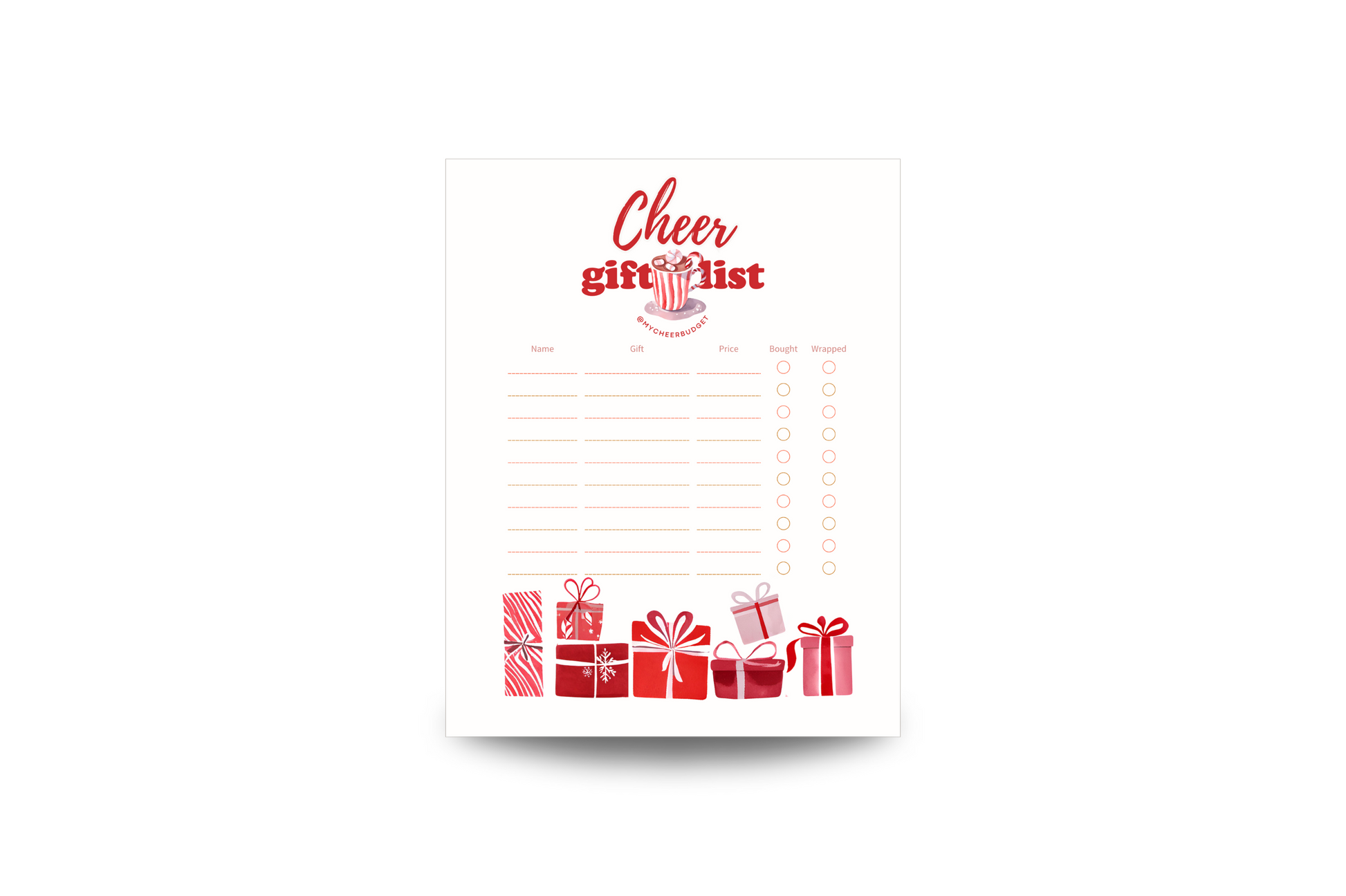 Cheer gift planner for parents – one-page printable to track gifts for coaches, team parents, and athletes.
