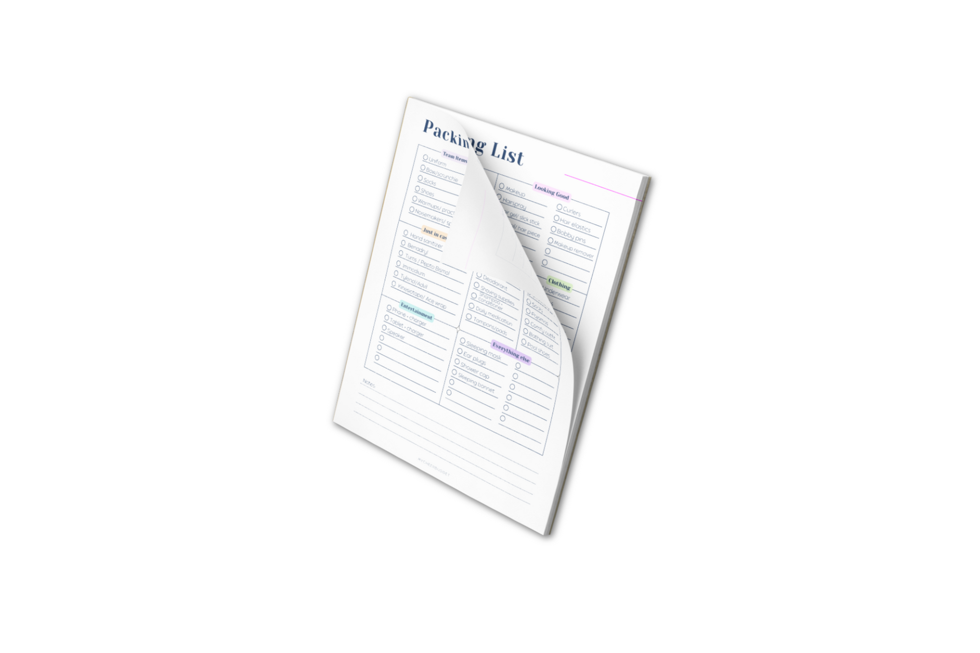 cheer competition packing list, 40 page notepad