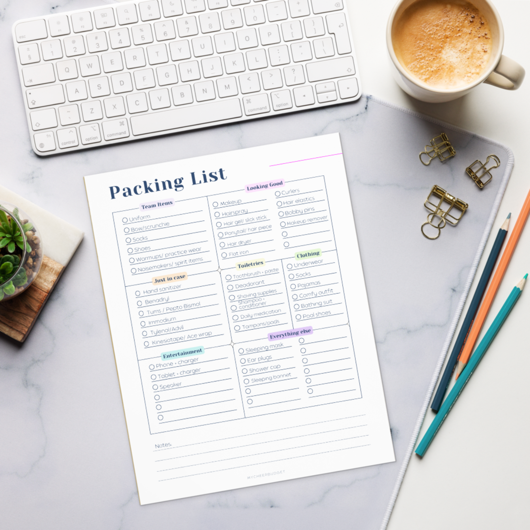 cheer competition packing list, 40 page notepad