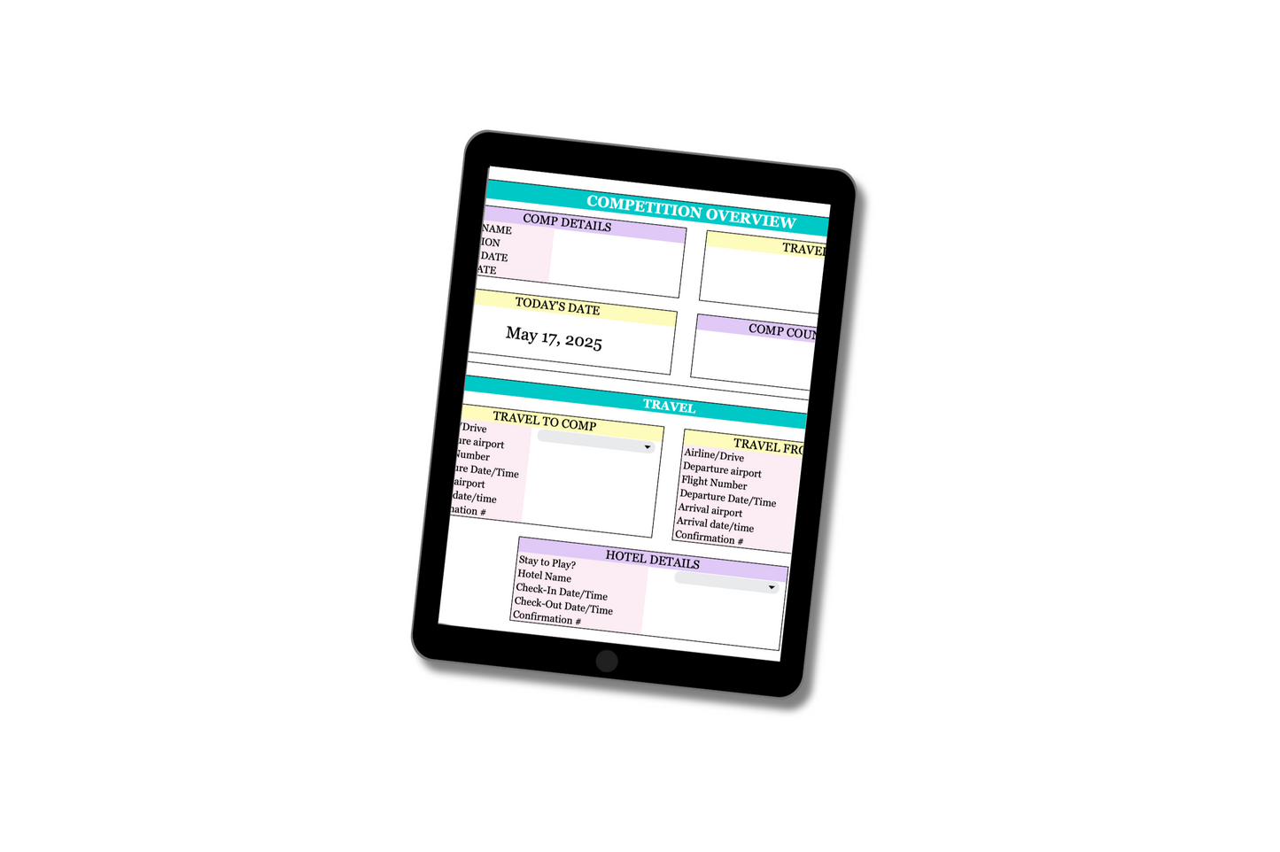 Cheer Travel Planner spreadsheet dashboard view showing an organized layout of flights and hotels by competition