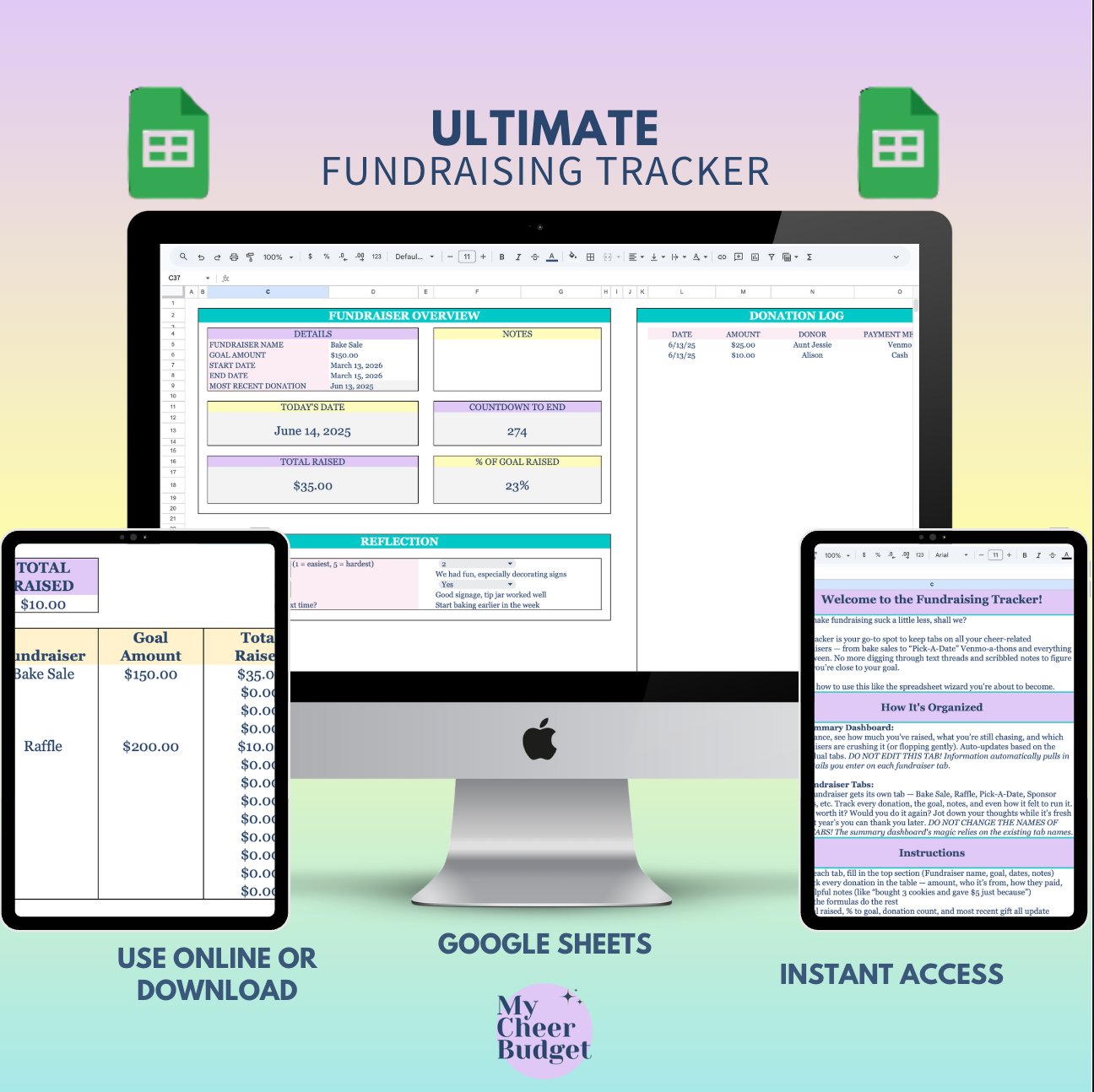 Printable Cheer Fundraising Tracker spreadsheet – organize fundraising goals, donations, and reflections in one place