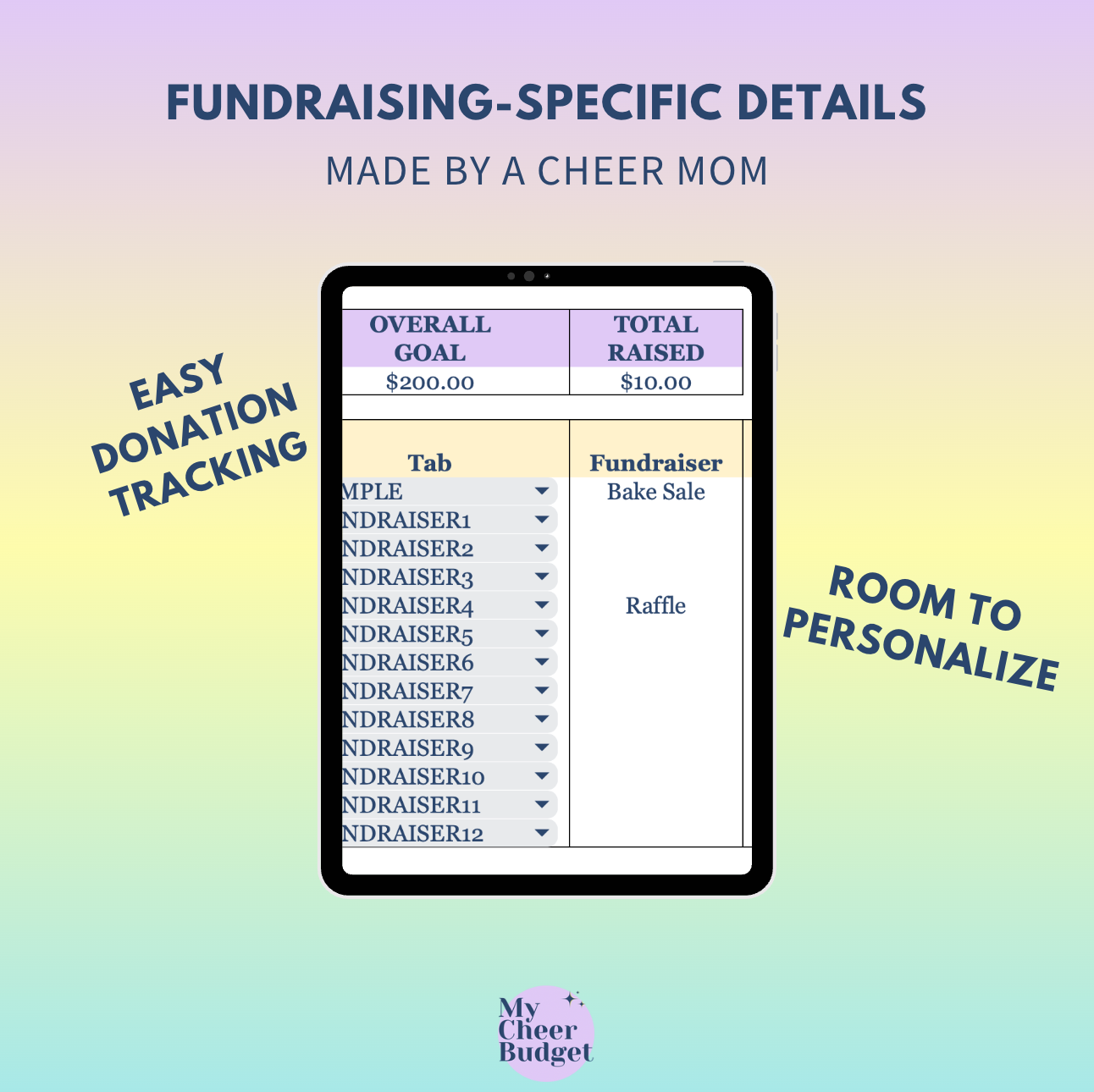 Printable Cheer Fundraising Tracker spreadsheet – organize fundraising goals, donations, and reflections in one place