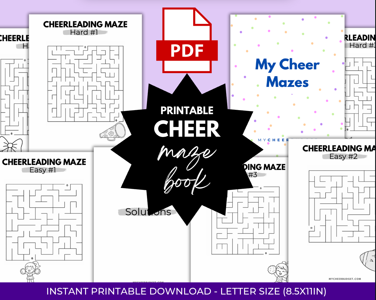 Cover of a printable cheerleading maze book with PDF icon and text on a purple background