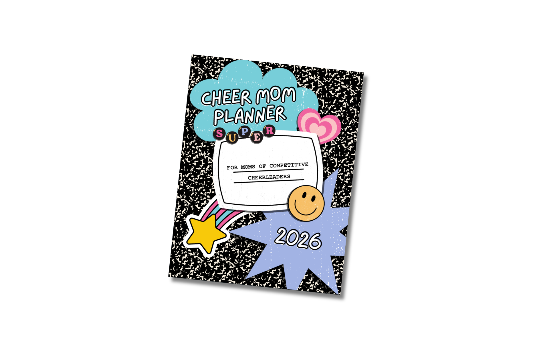 Planner for cheer moms with colorful design and text on a white background, 90s y2k vibes