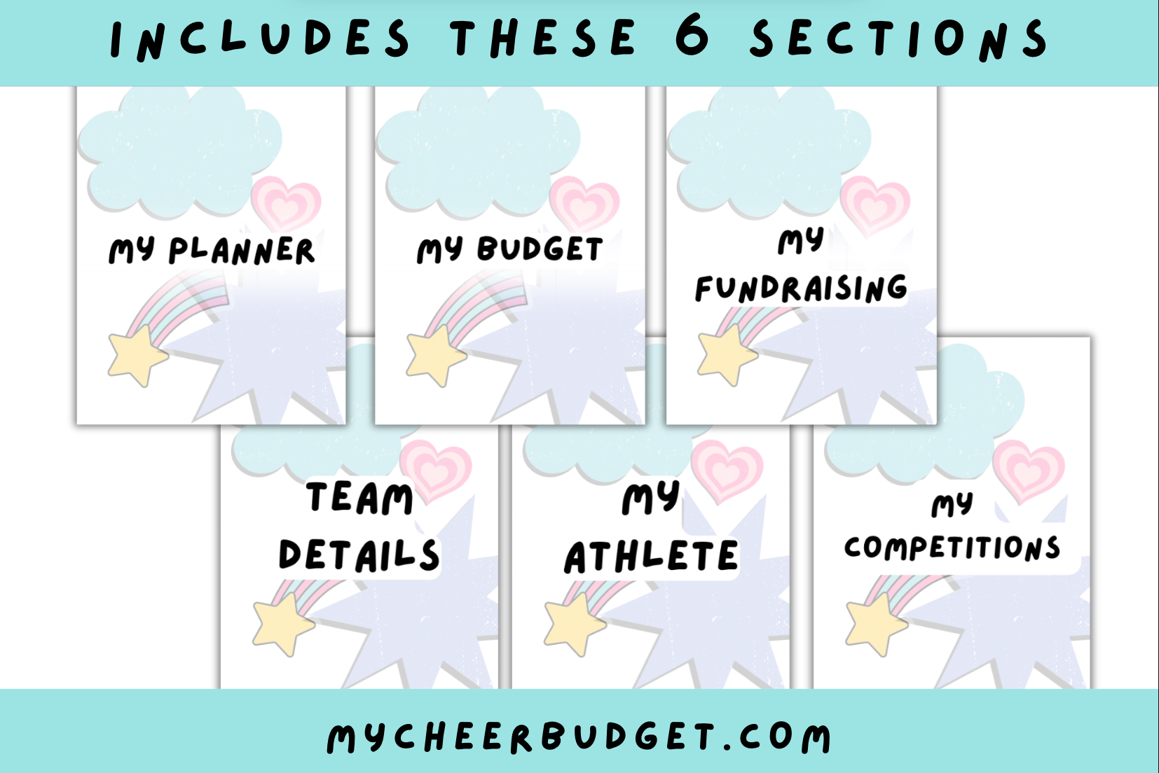 6 sections of a planner for cheer moms with colorful design and text on a white background, 90s y2k vibes