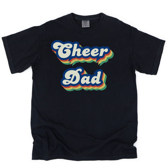 Black t-shirt with 'Cheer Dad' text in colorful letters on a black background