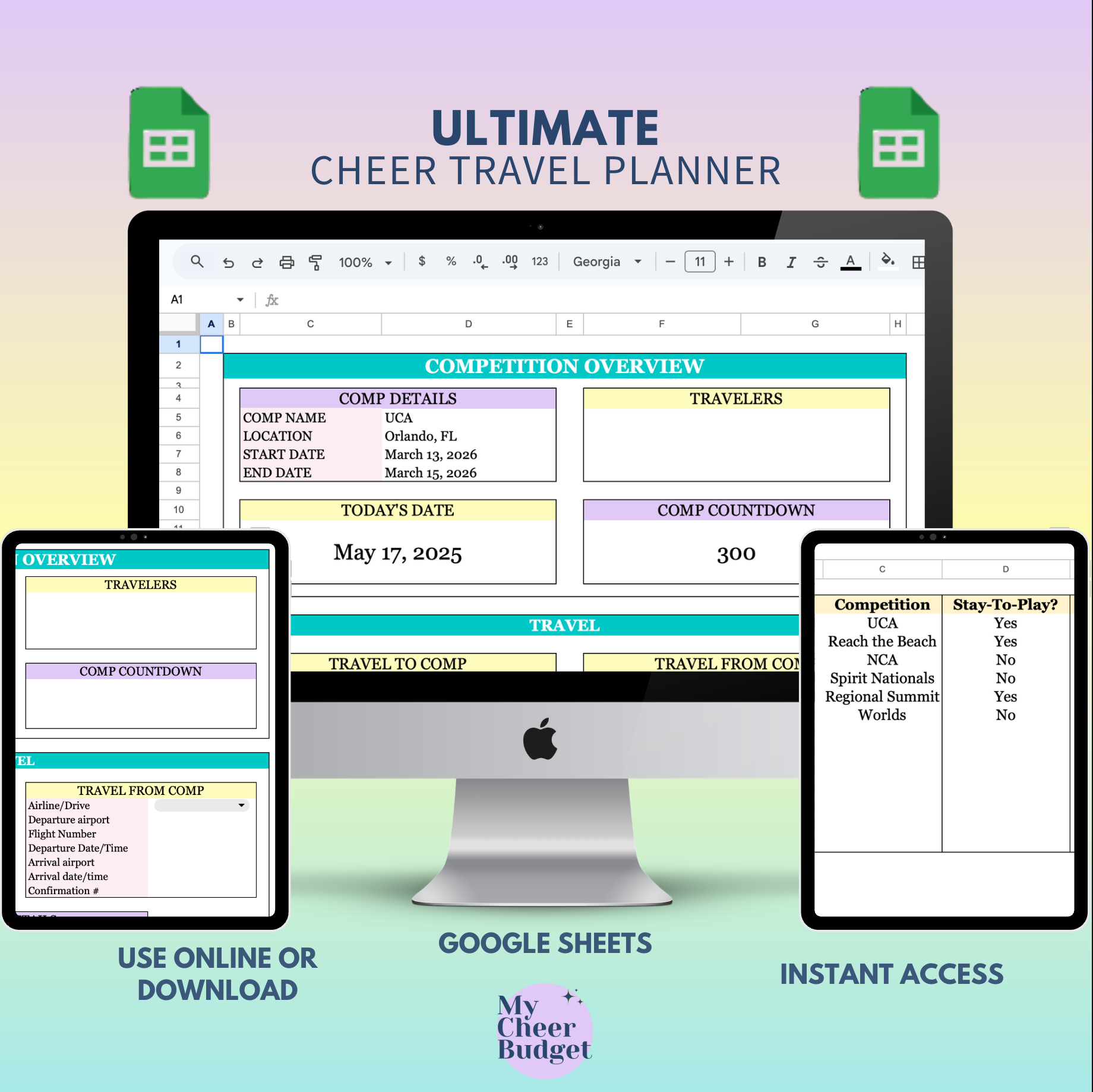 Cheer Travel Planner spreadsheet dashboard view showing an organized layout of flights and hotels by competition