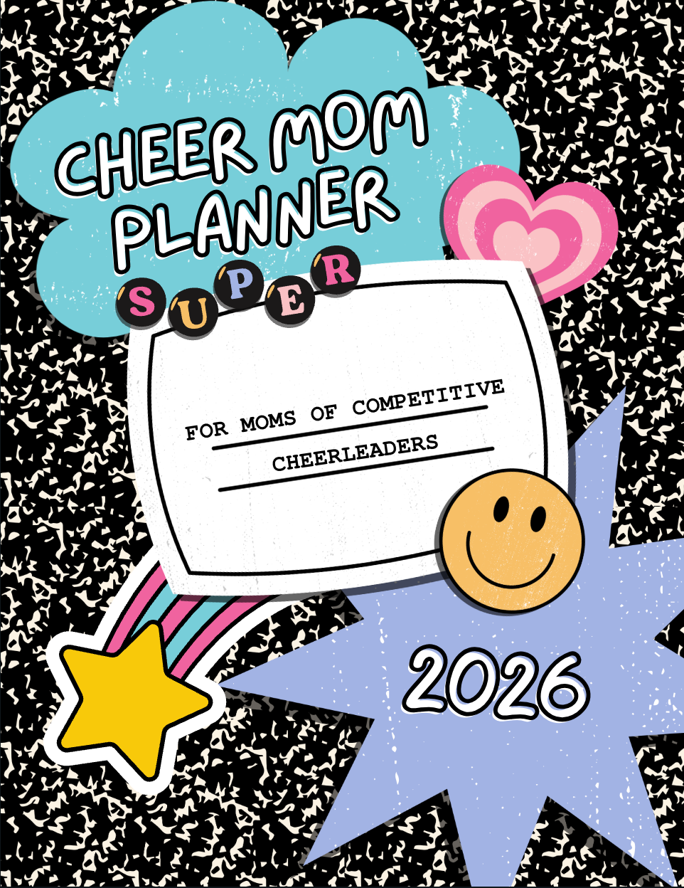 Cover of a 'Cheer Mom Planner' for moms of competitive cheerleaders with Y2K 90s style colorful graphics and text.