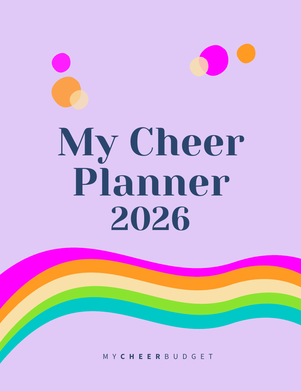 Cover of 'My Cheer Planner 2026' with colorful design elements on a purple background.