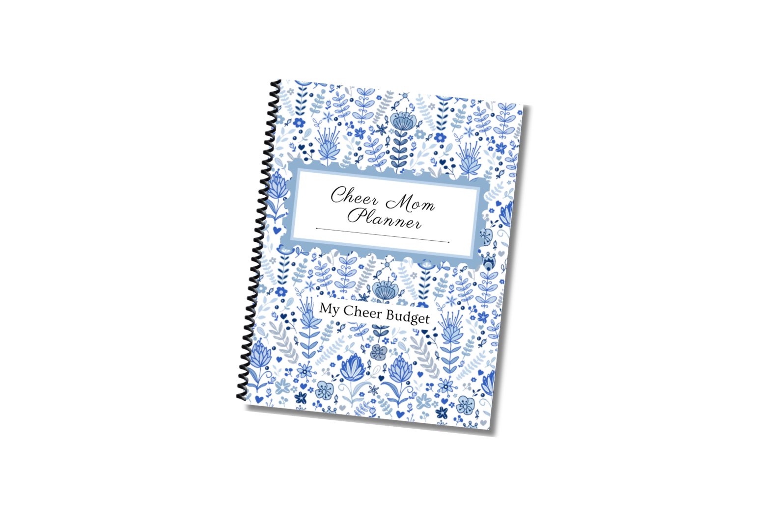 Cheer Mom Planner with chinoiserie blue floral design and text on a white background