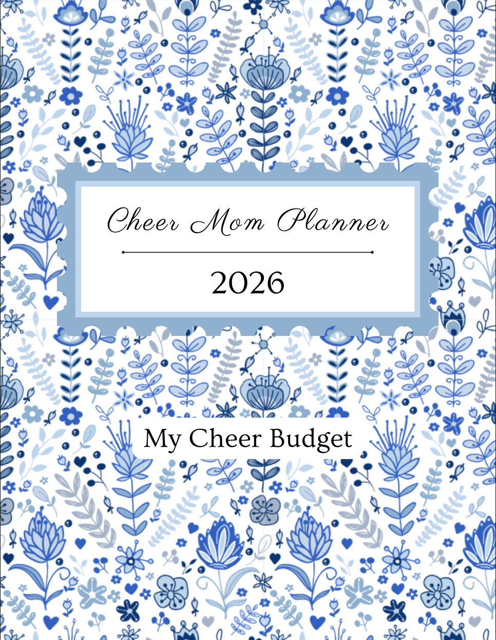 2026 Cheer Mom Planner with blue chinoiserie bougie design on a white background