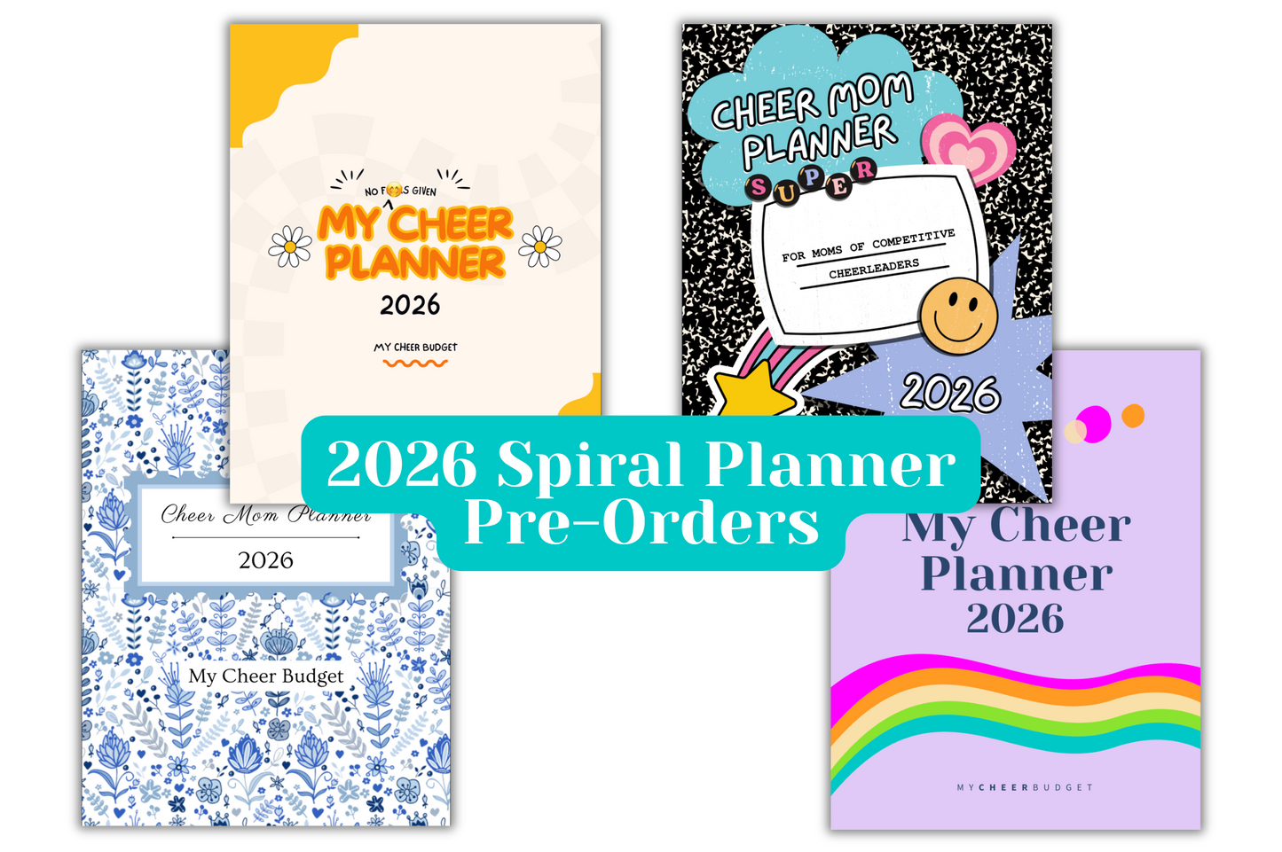 Four colorful 2026 cheer mom spiral planners with different designs on a white background.