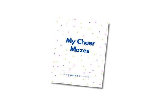 Book titled 'My Cheer Mazes' with colorful polka dots on a white background