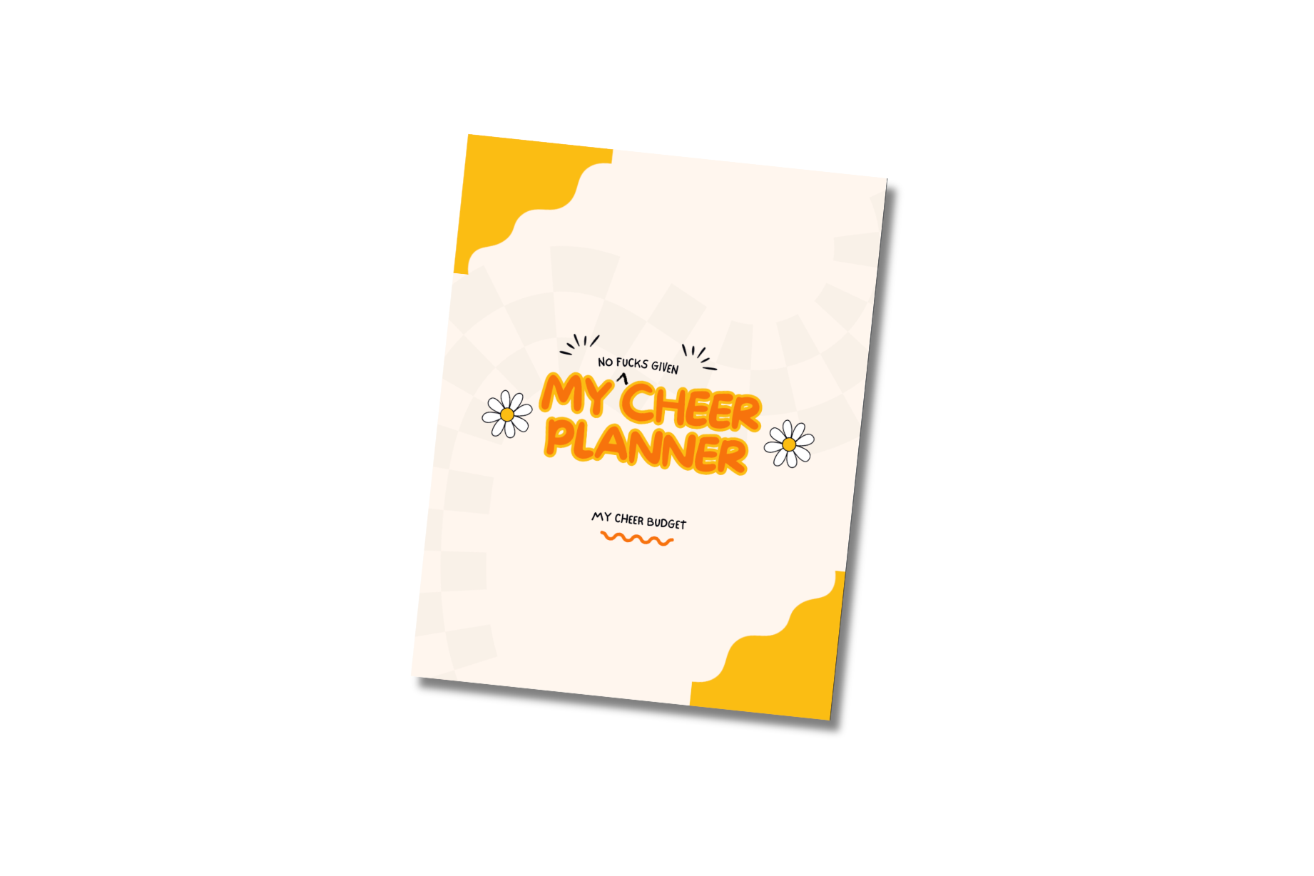 Cheer mom printable planner book with yellow and white design on a white background