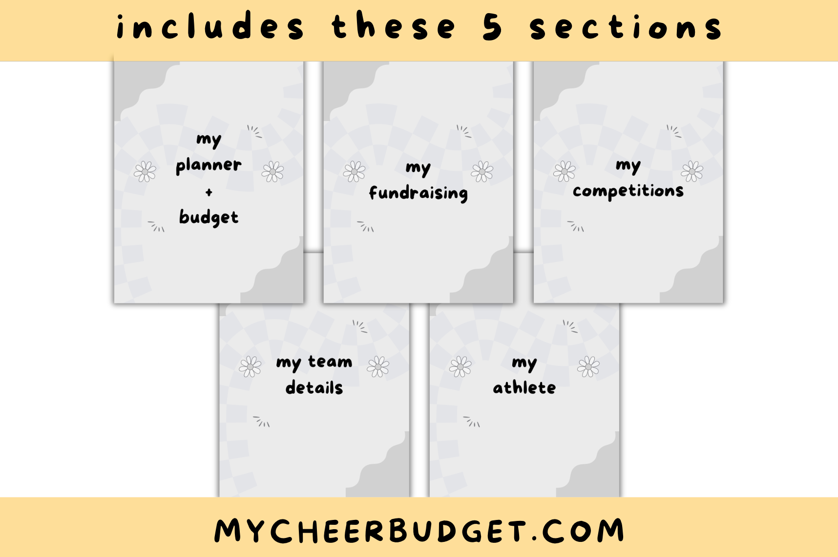 Cheer mom printable planner book with yellow and white design on a white background