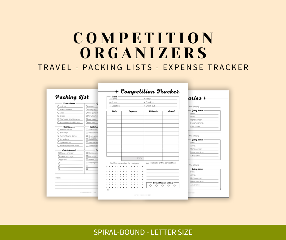 8.5 x 11 inch spiral bound undated planner for cheer moms with competition organizers 