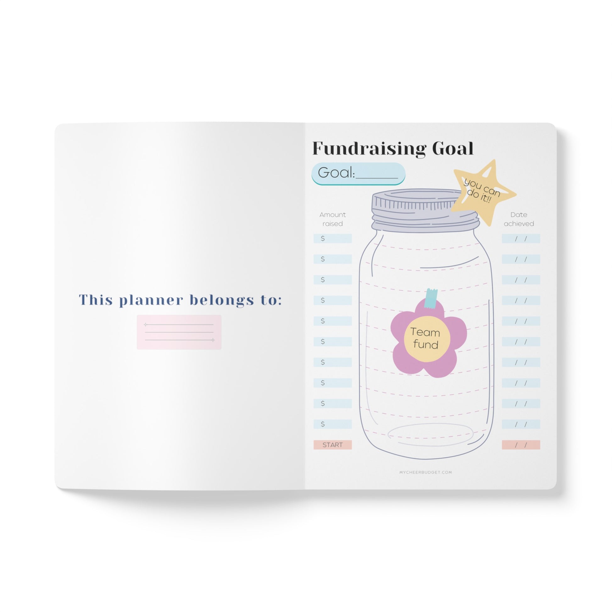 Cute pink 5.5 x 8.5 inch fundraising planner for travel sports