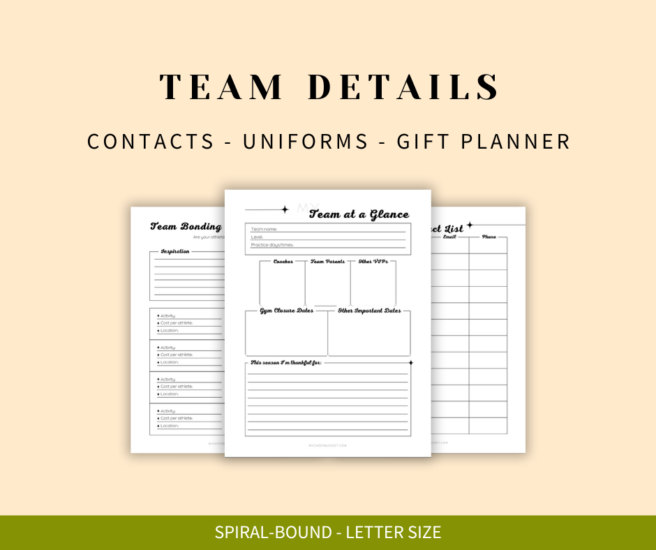 8.5 x 11 inch spiral bound undated planner for cheer moms with team details section