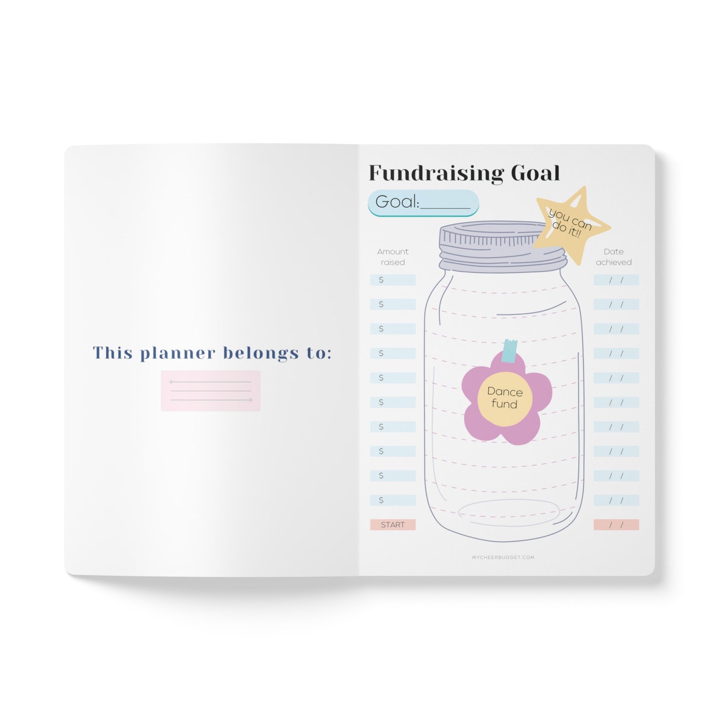 Cute pink 5.5 x 8.5 inch fundraising planner for competition dance