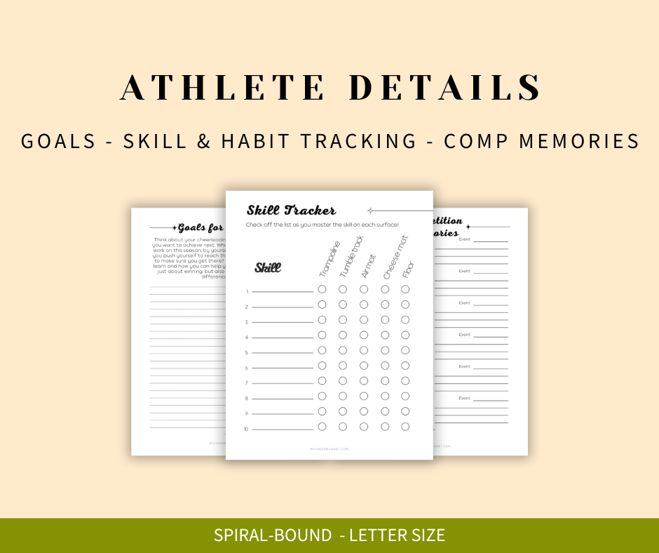 8.5 x 11 inch spiral bound undated planner for cheer moms with athlete details section