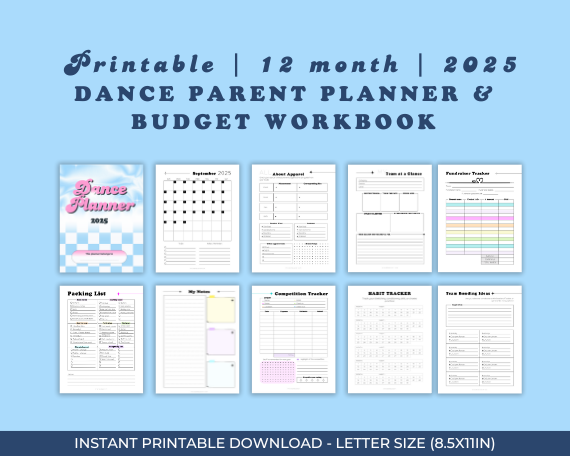 Printable planner for competition dance parents with blue and pink 90s theme cover