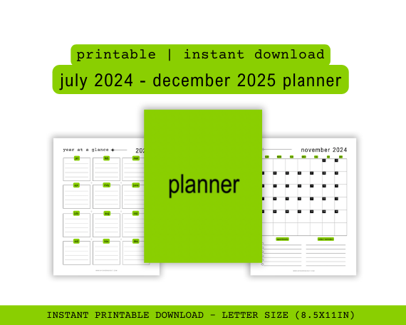 printable green brat planner 2024-2025, with the word planner on the cover in black