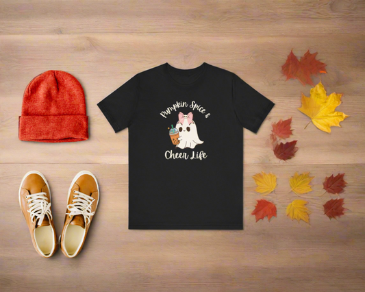 Black fall t-shirt with cute Halloween ghost wearing cheer bow carrying a pumpkin spice latte