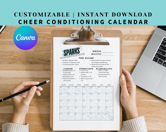 Cheerleading conditioning calendar template for Canva