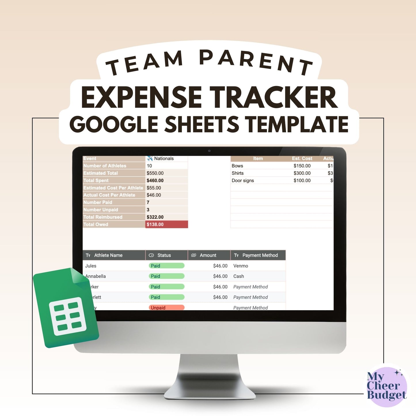 Team Parent Expense Tracker, Driftwood | Google Sheets Template