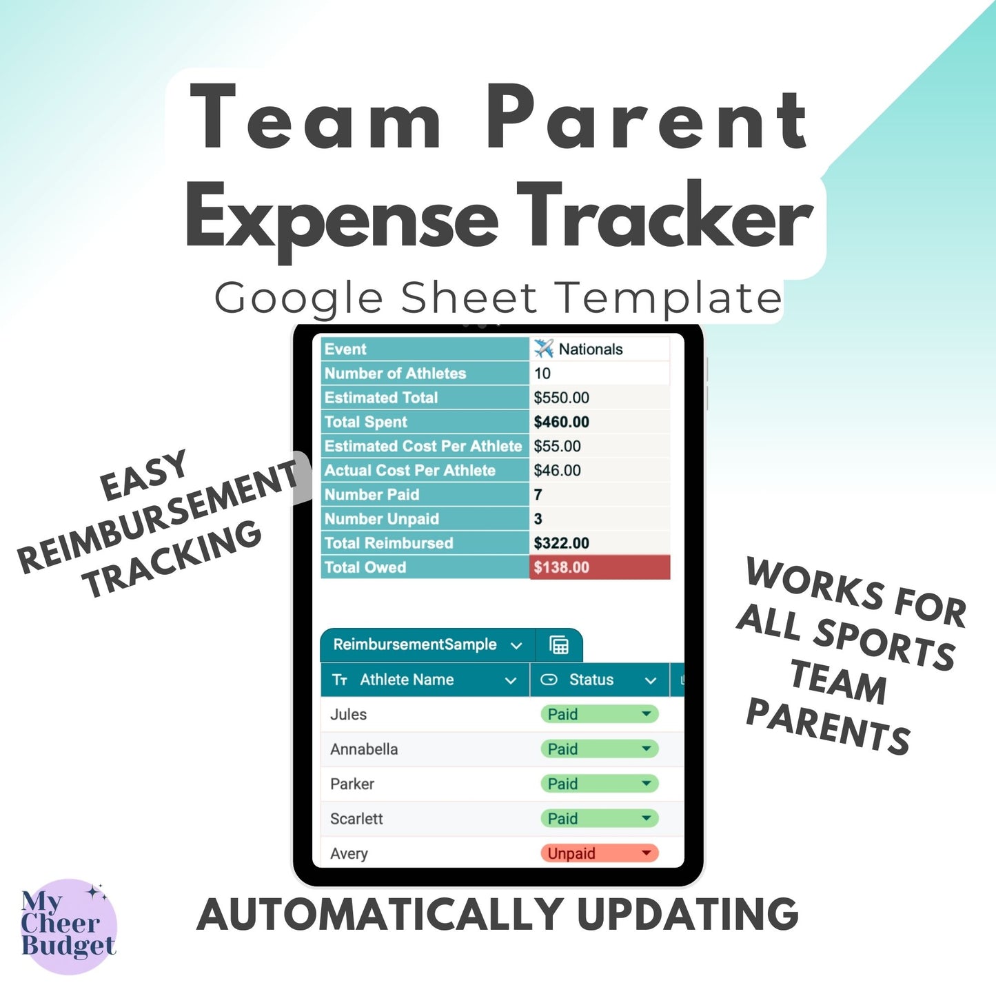 Team Parent Expense Tracker, Ocean | Google Sheets Template