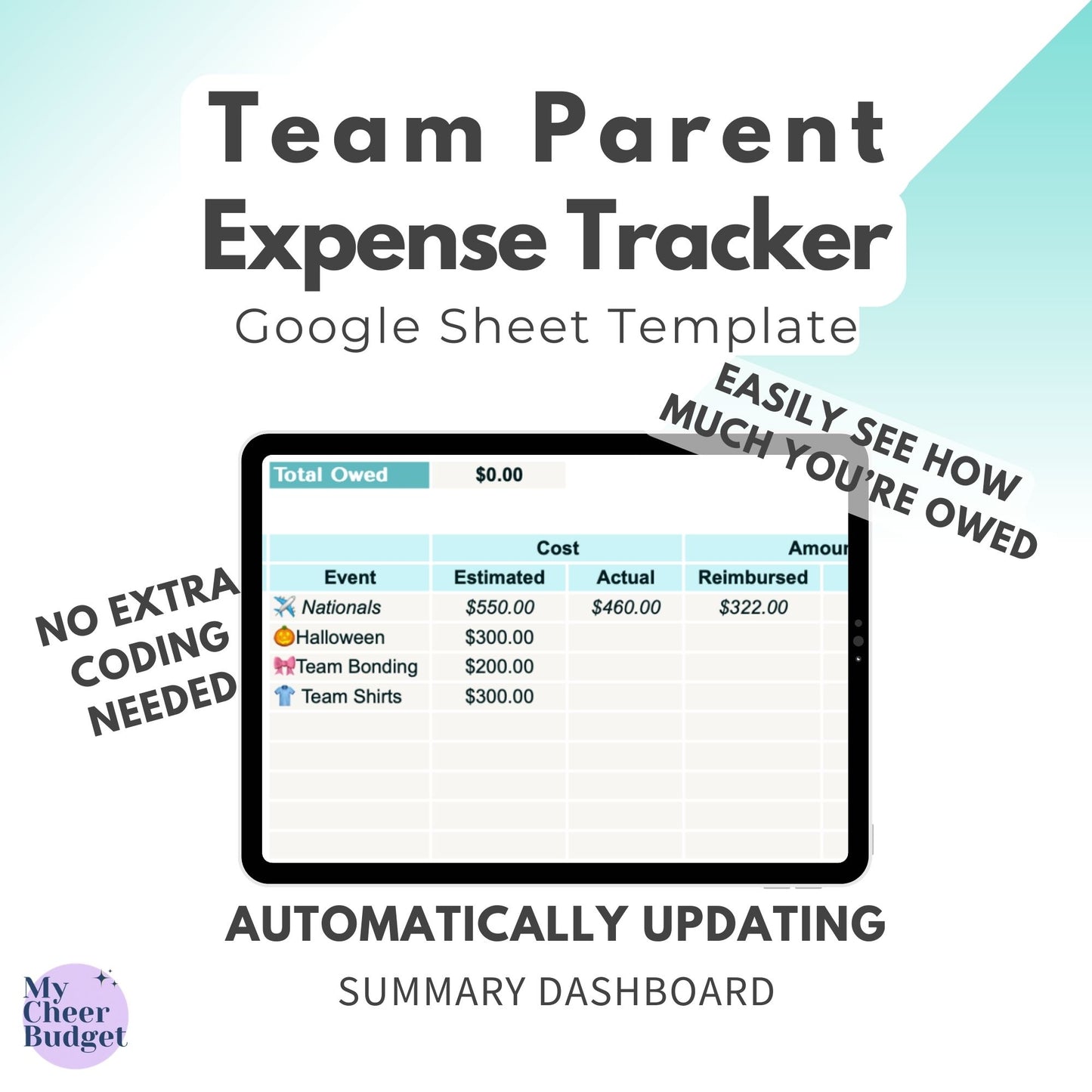 Team Parent Expense Tracker, Ocean | Google Sheets Template