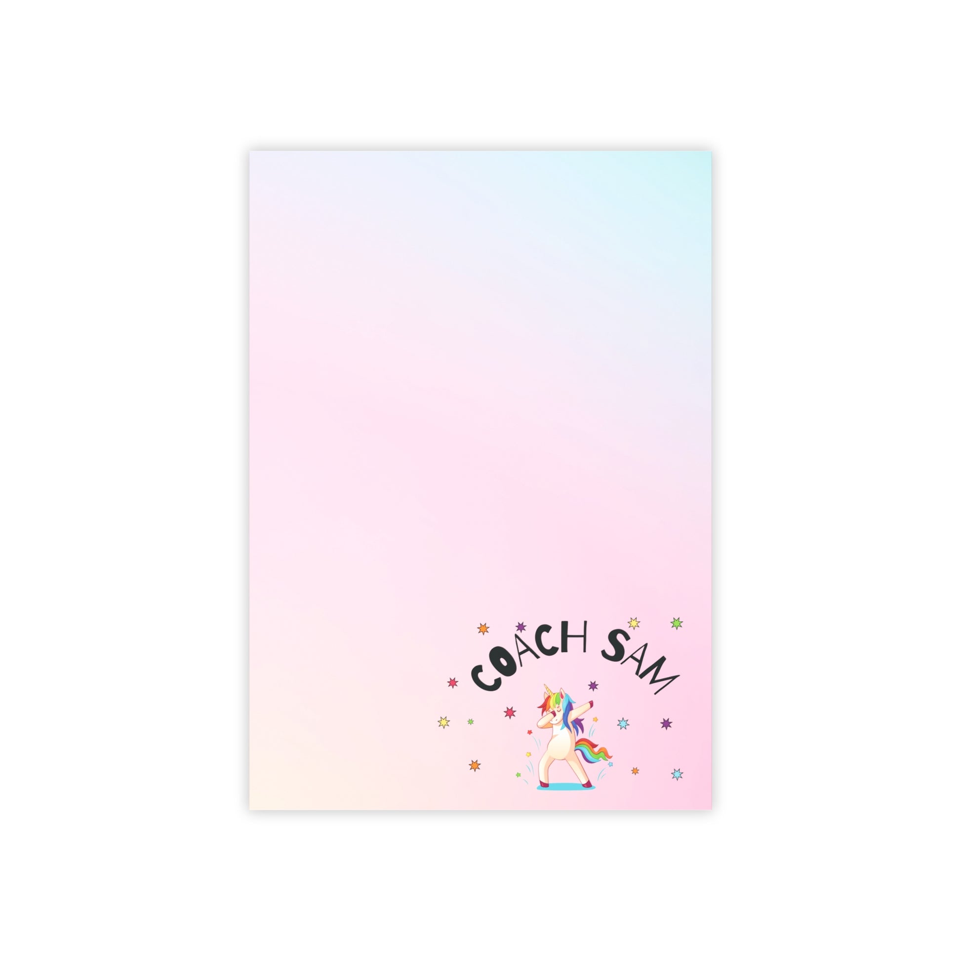 Personalized rainbow unicorn sticky notes with ombre pink and teal colors, perfect for coaches and desk stationery enthusiasts.