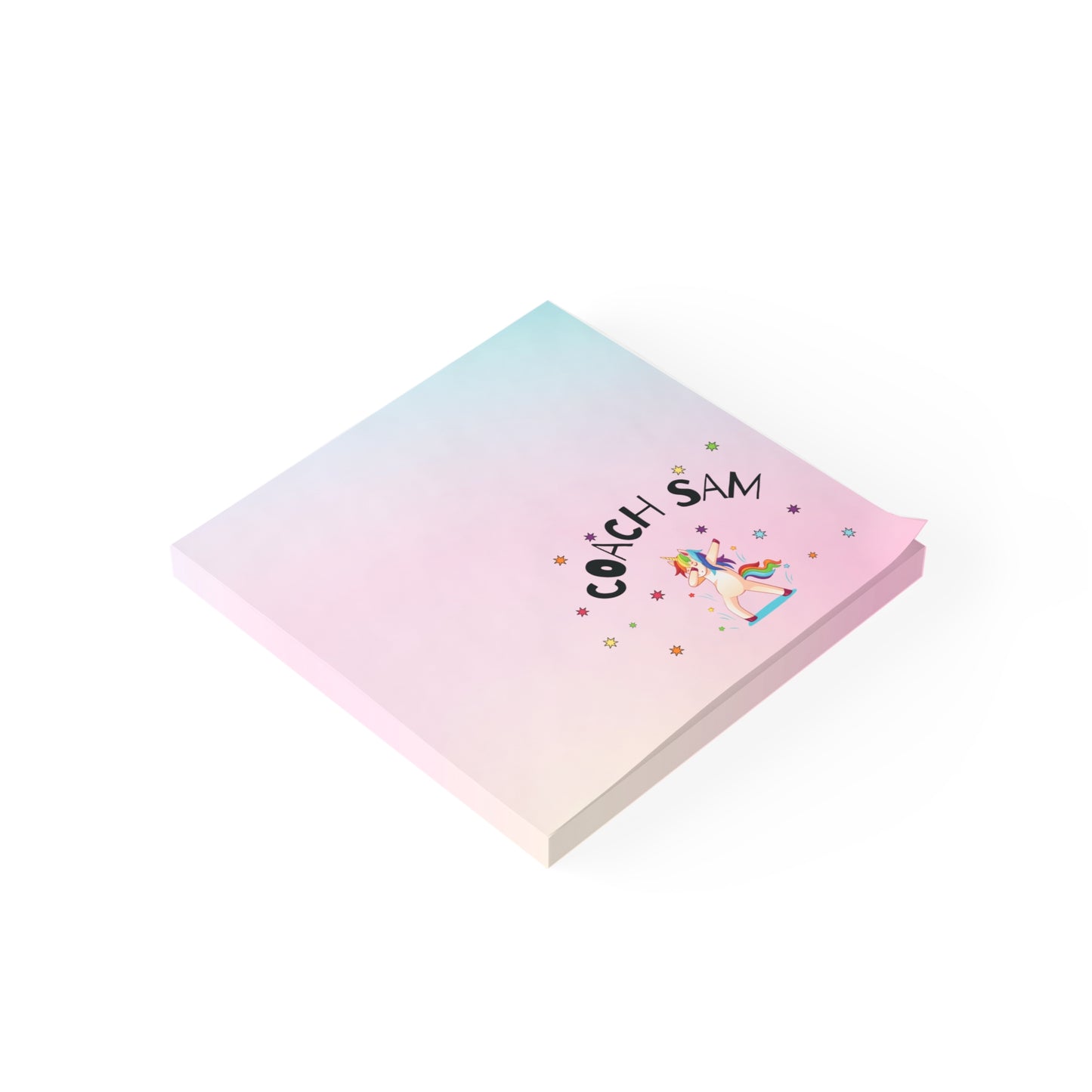 Personalized rainbow unicorn sticky notes with ombre pink and teal colors, perfect for coaches and desk stationery enthusiasts.