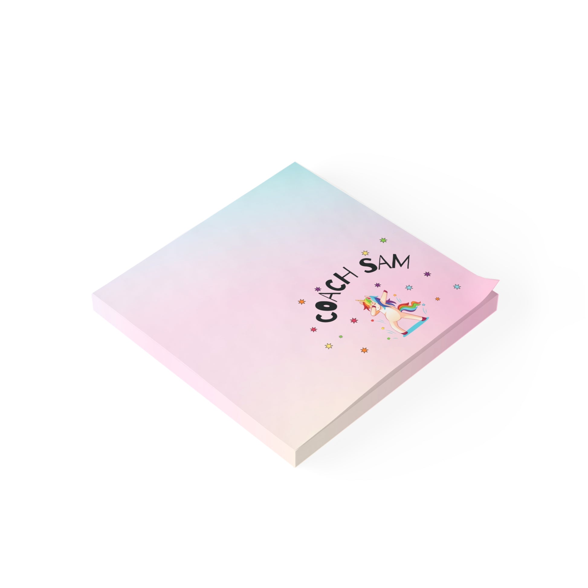 Personalized rainbow unicorn sticky notes with ombre pink and teal colors, perfect for coaches and desk stationery enthusiasts.