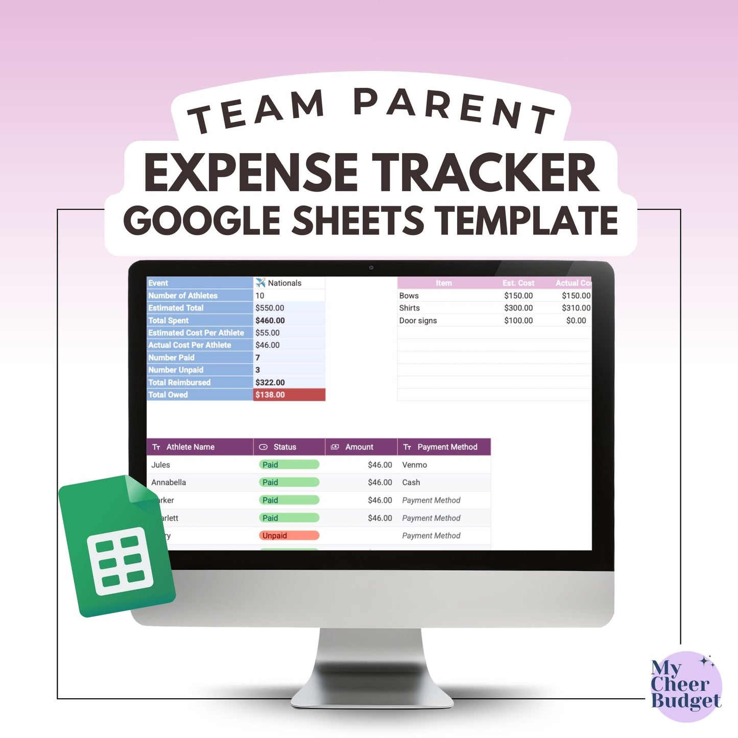 Team Parent Expense Tracker, Wildflower | Google Sheets Template