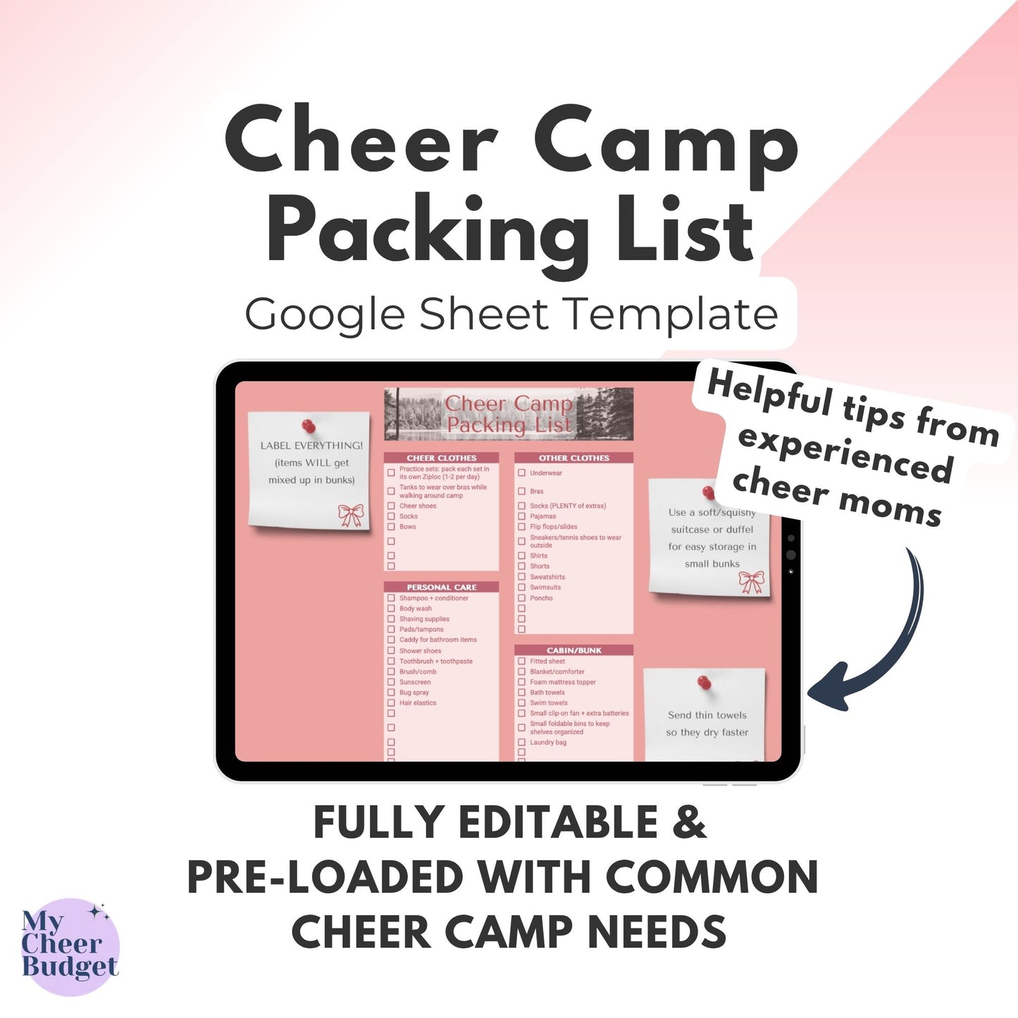 Cheer Camp Packing List, Rose Garden | Google Sheets Template