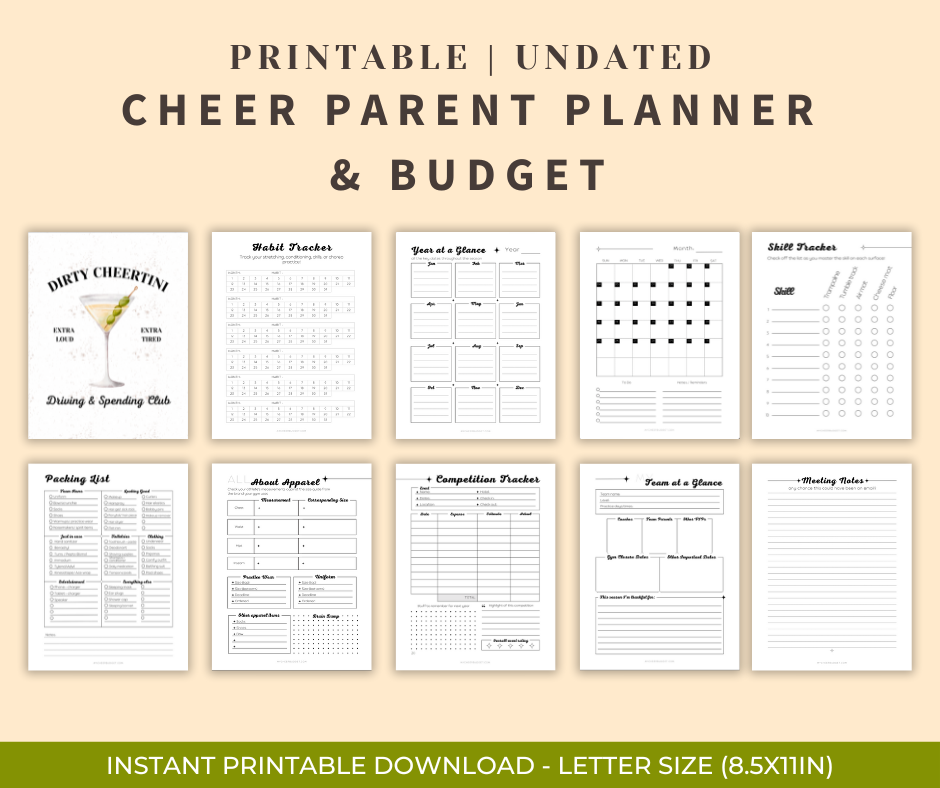 Printable undated planner for cheer moms with dirty martini theme 