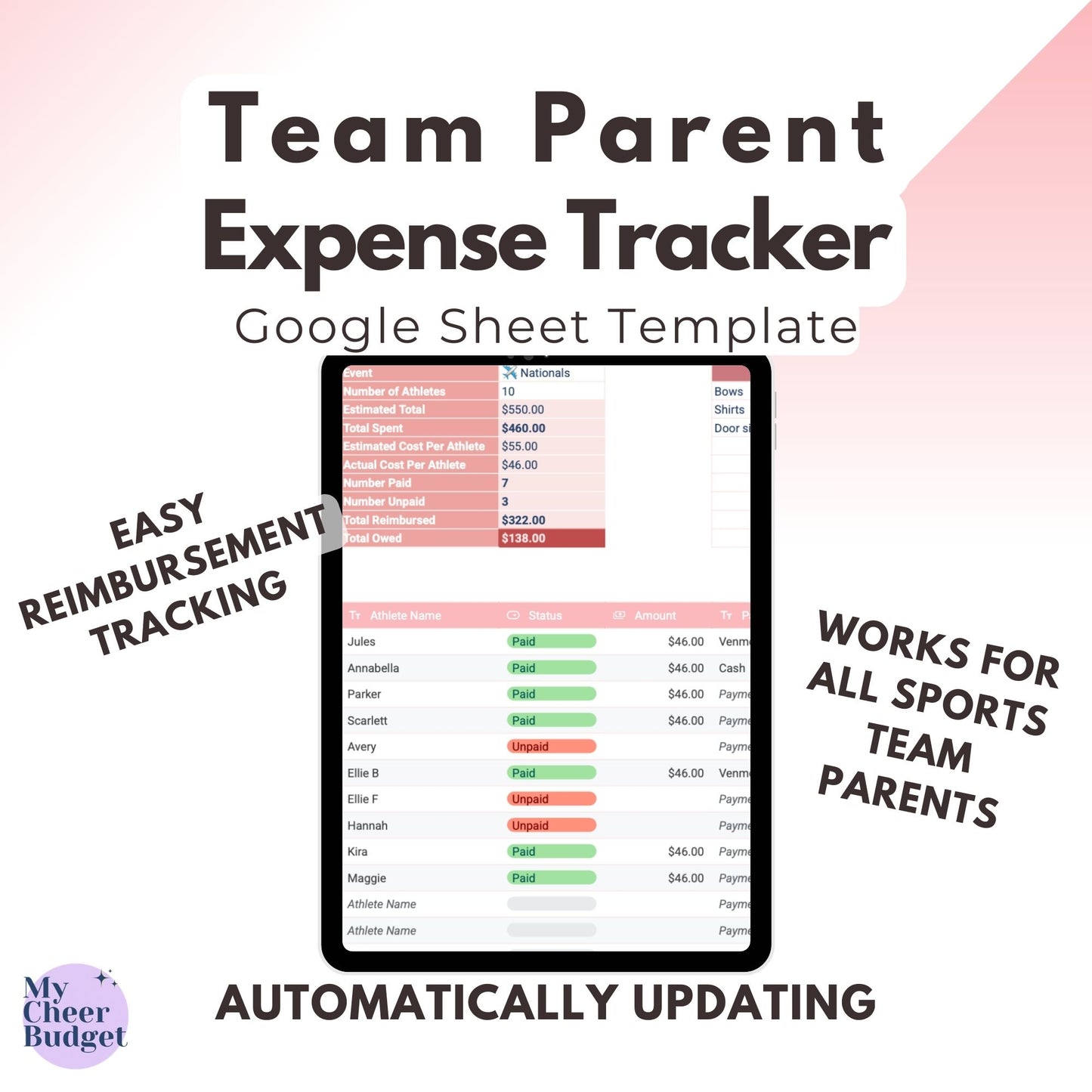 Team Parent Expense Tracker, Rose Garden | Google Sheets Template
