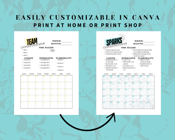 Cheerleading conditioning calendar template for Canva