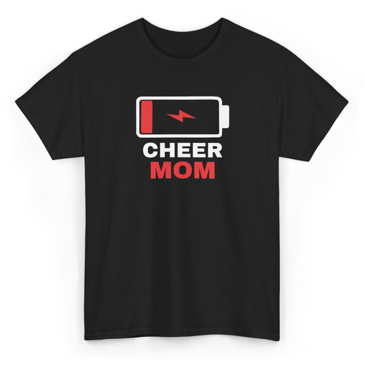 Black t-shirt with 'CHEER MOM' graphic design on a white background