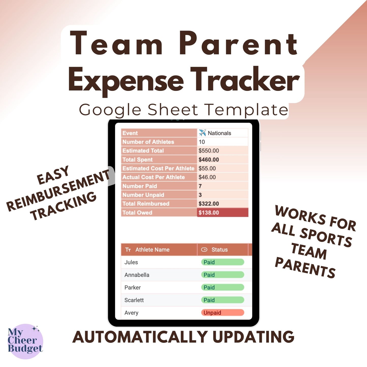 Team Parent Expense Tracker, Terra Cotta | Google Sheets Template